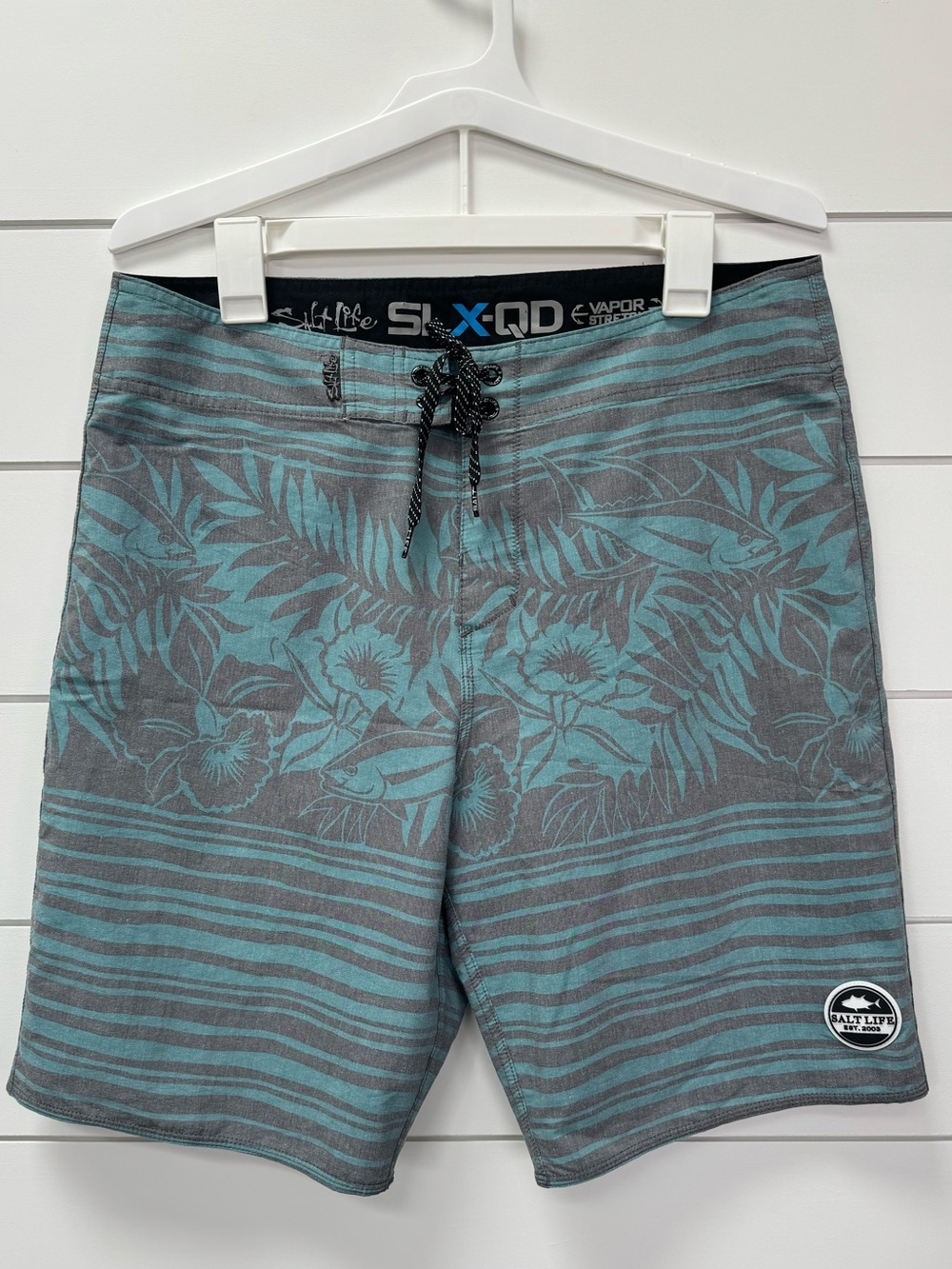 Salt Life SLX-QD Vapor Stretch 9” Board Shorts Mens 34 Aqua Gray Tropical Surf